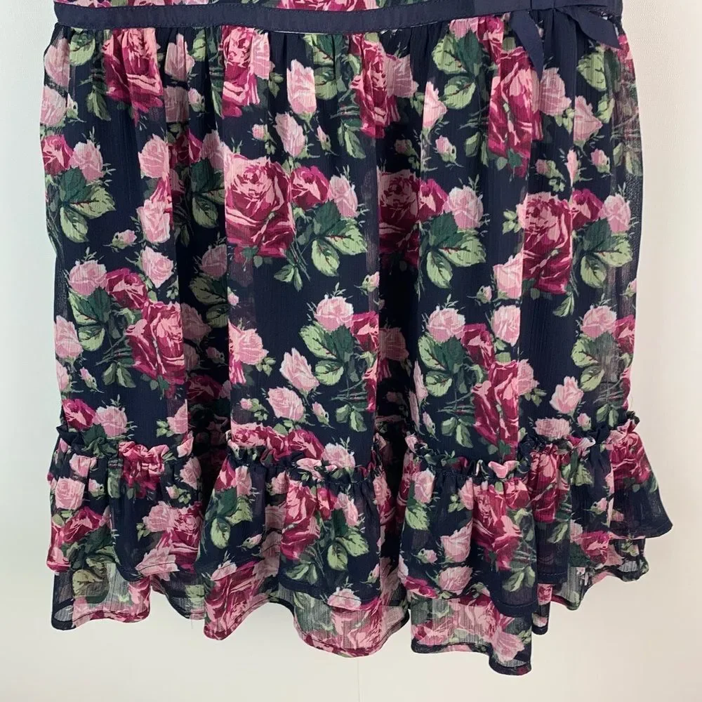 Janie And Jack Girl’s Navy Pink Floral Chiffon Ruffle Dress Size 7